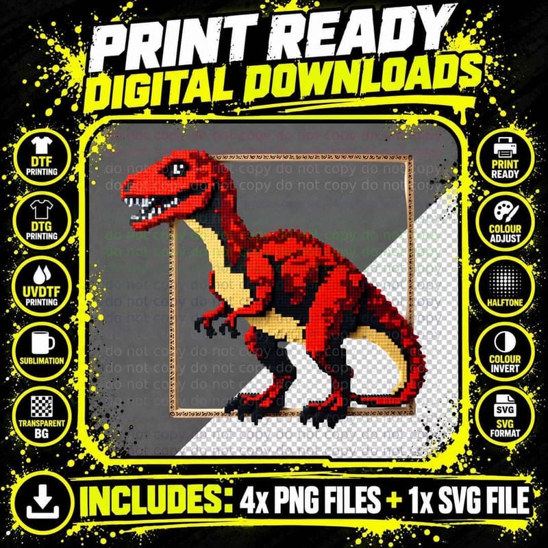 Block Builder Dinosaur Detailed Art T-Shirt Png SVG Digital Bundle