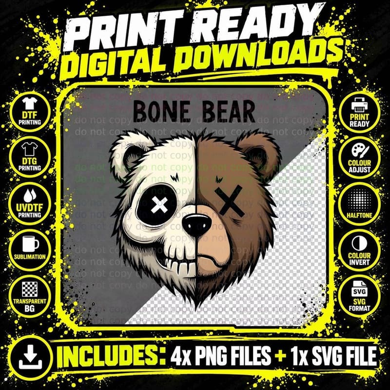 Bone Bear Split Face Graphic Brown Bear Skull T-Shirt Png SVG Digital Bundle