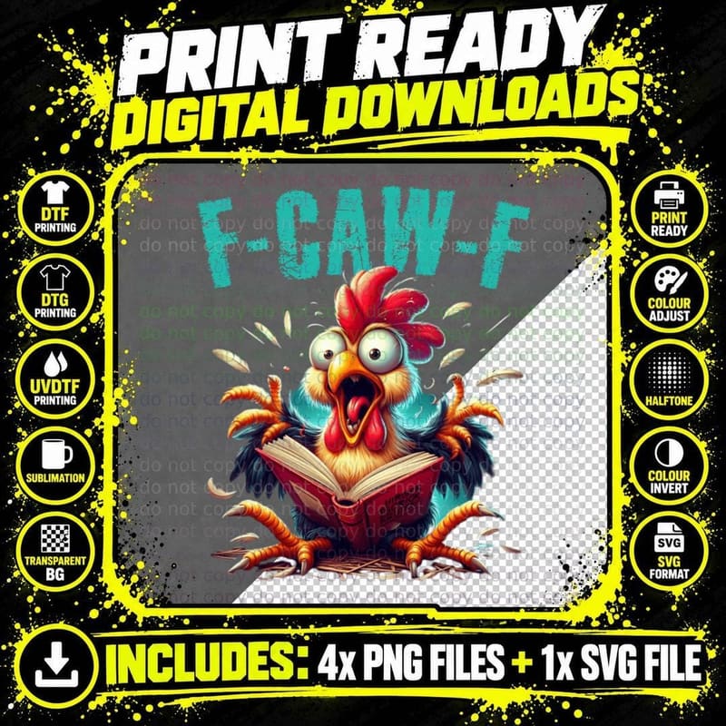 Book Reading F-CAW-F Funny Chicken Scream Humor Gift Png SVG Digital Bundle