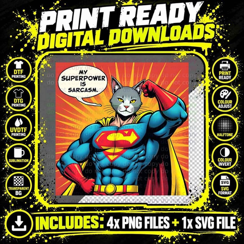Bored Cat Superhero Sarcasm T-Shirt Png SVG Digital Bundle