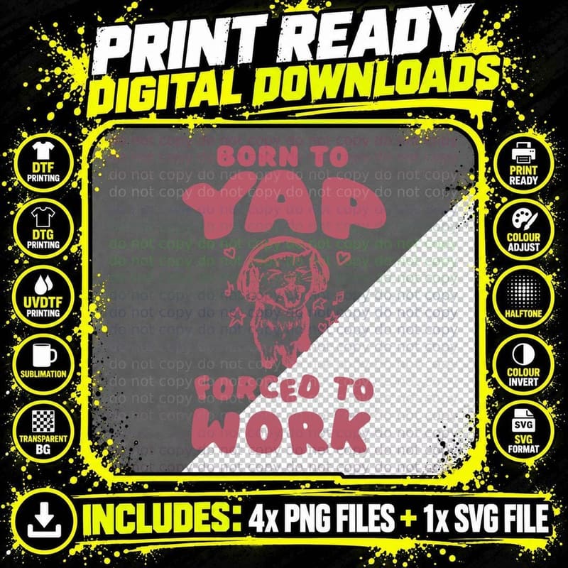 Born to Yap Forced to Work Cat with Headphones Meme Gift Png SVG Digital Bundle