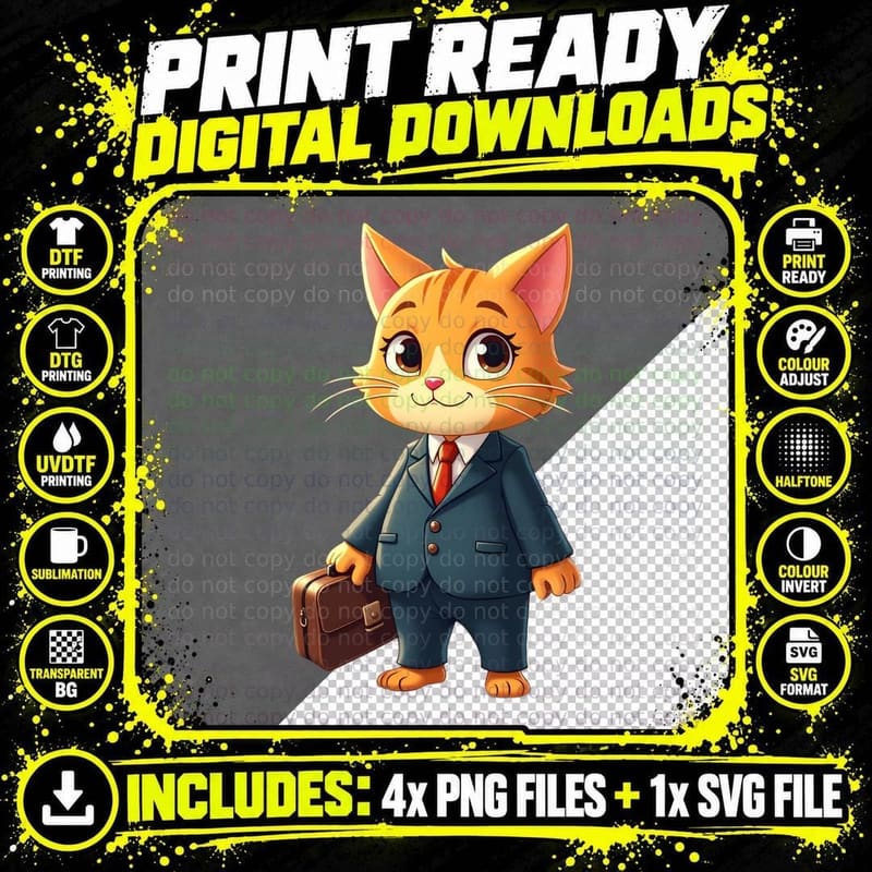 Boss Cat in a Suit and Tie T-Shirt Png SVG Digital Bundle