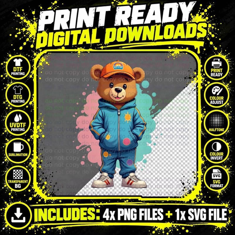 Brown Teddy Bear in Blue Tracksuit with Sneakers and Cap Png SVG Digital Bundle