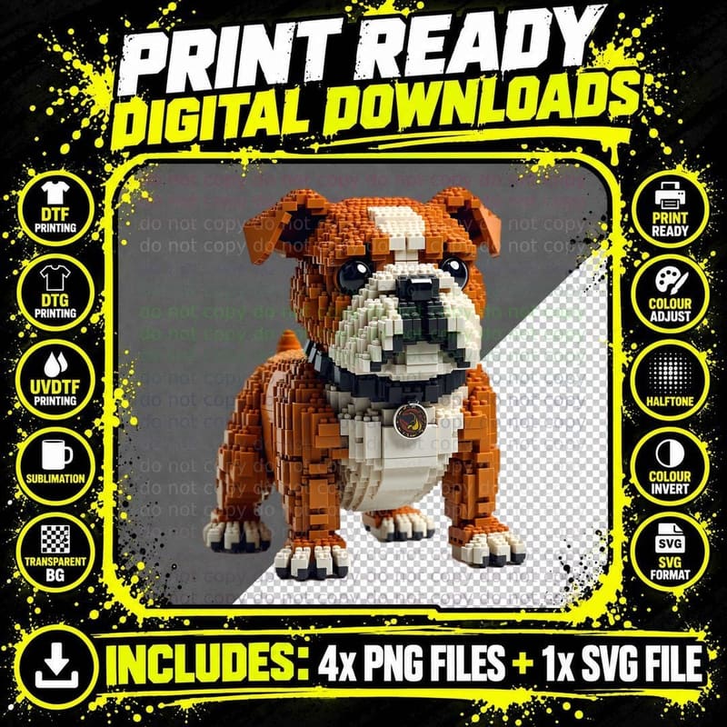 Bulldog Dog Made from Hundreds of Bricks Playful Png SVG Digital Bundle