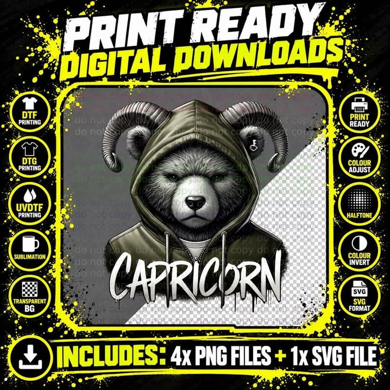 Capricorn Zodiac Bear Hoodie Streetwear Astrology Gift Png SVG Digital Bundle