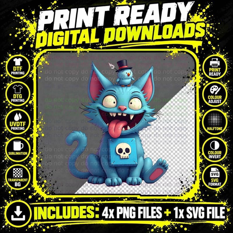 Cartoon Blue Tiger Yellow Eyes Sharp Teeth Skull Tongue Png SVG Digital Bundle