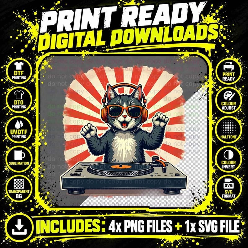 Cartoon DJ Cat Black White Fur Headphones Spinning Png SVG Digital Bundle