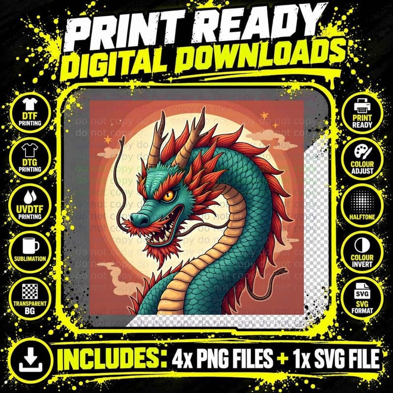 Cartoon Dragon Head Fantasy Mythical Creature Teal & Png SVG Digital Bundle