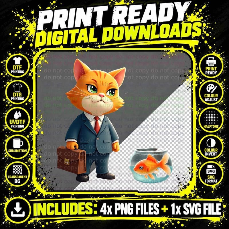 Cartoon Smug Cat with Briefcase T-Shirt Png SVG Digital Bundle