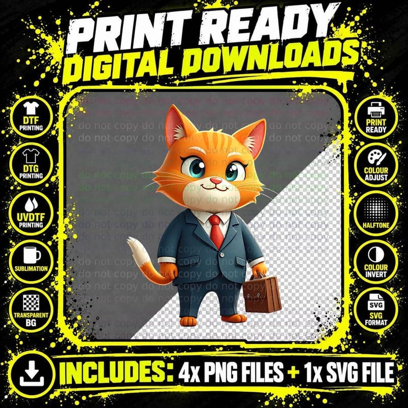 Cartoon Style Cat Wearing a Suit T-Shirt Png SVG Digital Bundle
