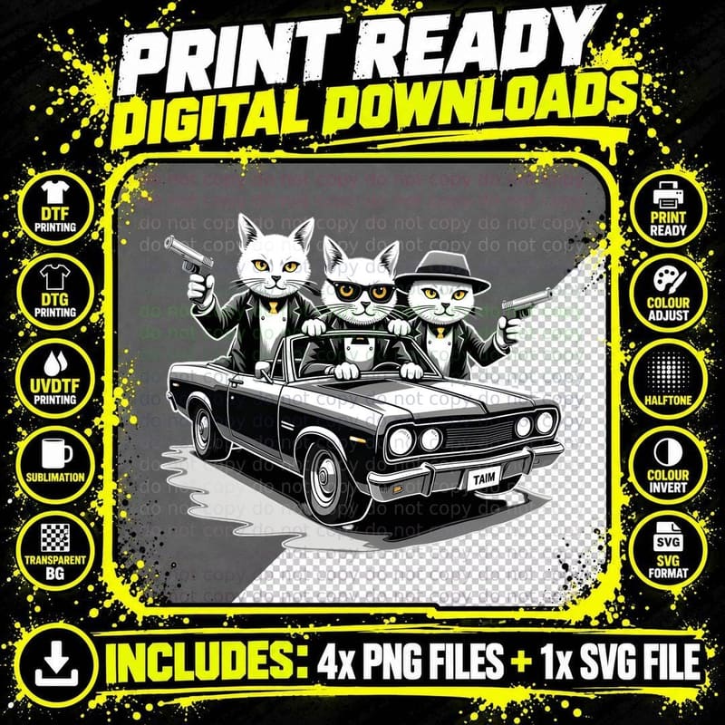 Cat Cab Funny Gangster Cats Humour Retro Pop Culture Png SVG Digital Bundle