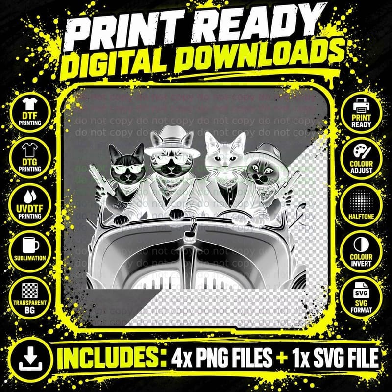 Cat Cab High-Contrast Comic Illustration Funny Gangster Png SVG Digital Bundle