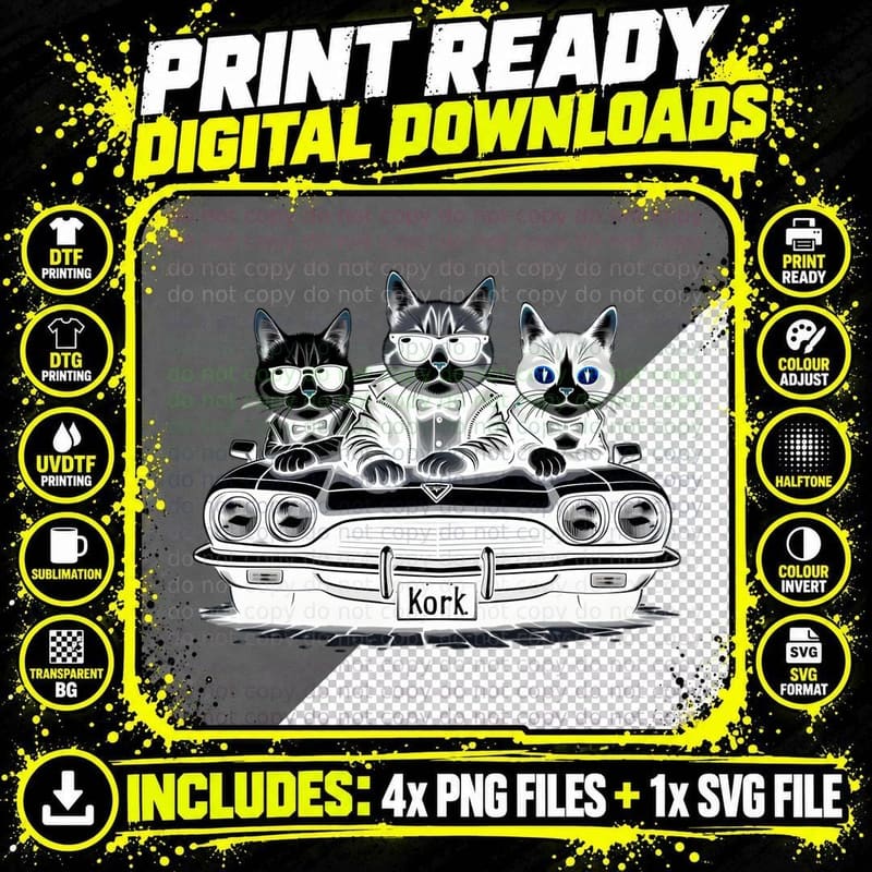 Cat Cab Retro Gangster Cats Funny Humour Pop Culture Png SVG Digital Bundle