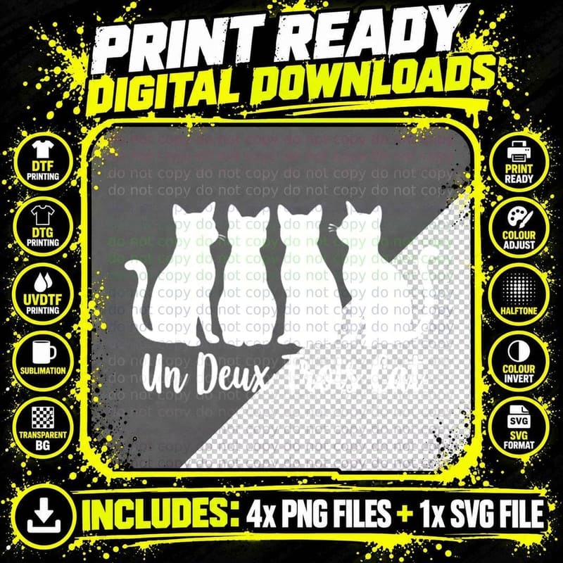 Cat French Minimalist Cat Lover Funny Pun Un Deux Trois Png SVG Digital Bundle