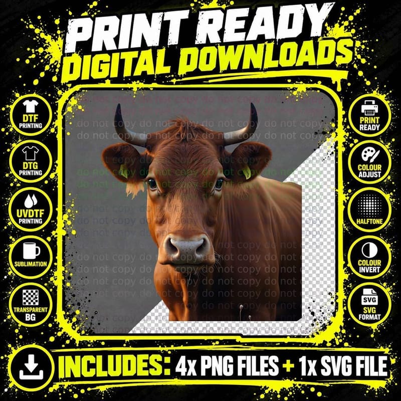 Cattle Farmer Brown Cow Portrait with Large Horns & Ear Png SVG Digital Bundle