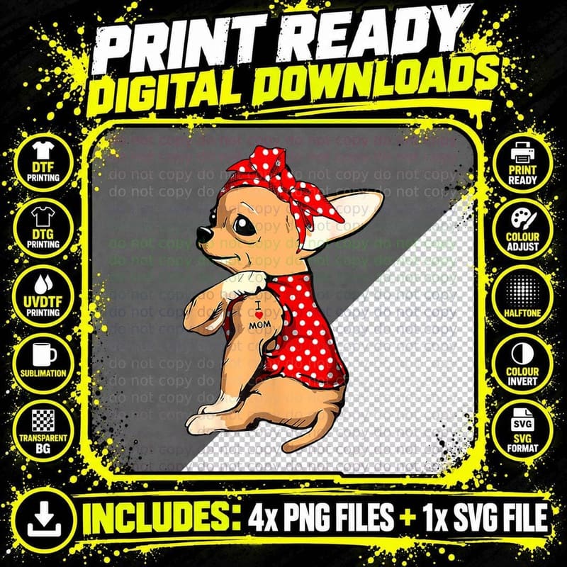 Chihuahua Dog Mom Bandana Cute I Love Mom Tattoo Mothers Png SVG Digital Bundle