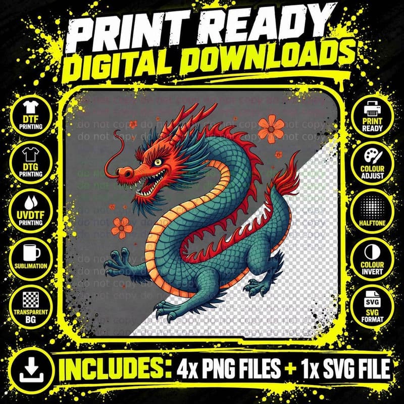 Chinese Dragon Colorful Mythical Creature Teal & Orange Png SVG Digital Bundle