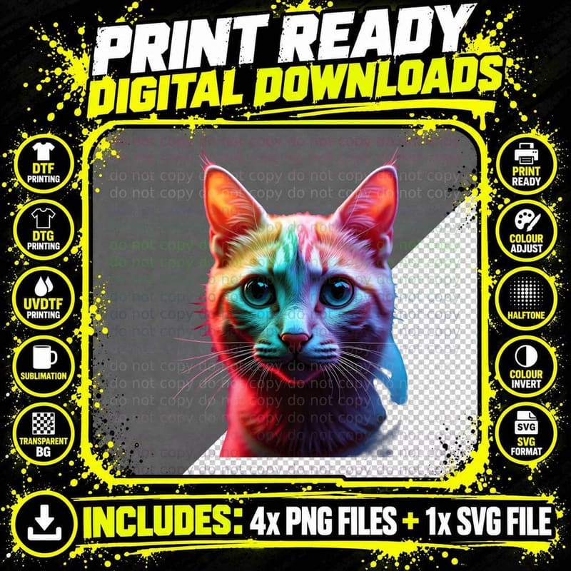 Colorful Cat Rainbow Aura Multicolored Fur Animal Lover Png SVG Digital Bundle