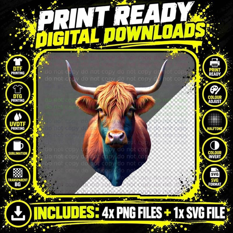 Colorful Highland Cow Rainbow Horns Shaggy Fur Animal Png SVG Digital Bundle