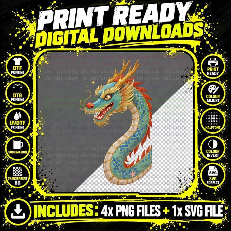 Colorful Mosaic Dragon Fantasy Art Vibrant T-Shirt Png SVG Digital Bundle