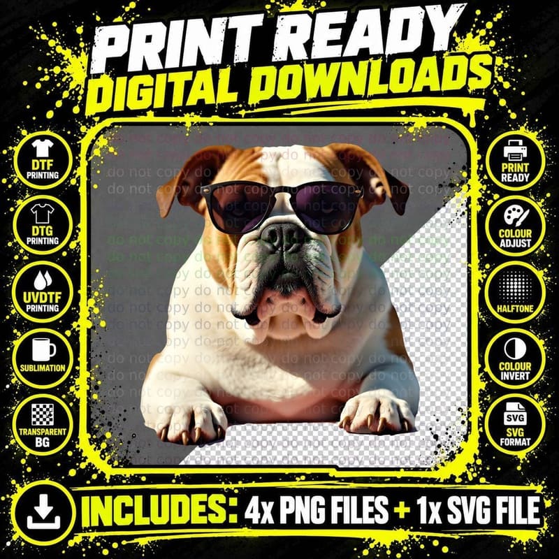 Cool Bulldog Black Sunglasses Dog Lover Pet Owner Gift Png SVG Digital Bundle