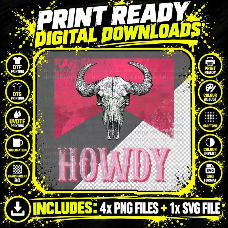 Cow Skull Howdy Rodeo Western Country Southern Cowgirl Png SVG Digital Bundle