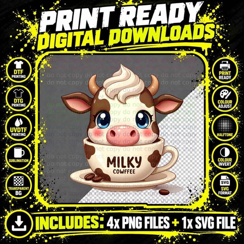 Cowffee Funny Cow Print Coffee T-Shirt Png SVG Digital Bundle