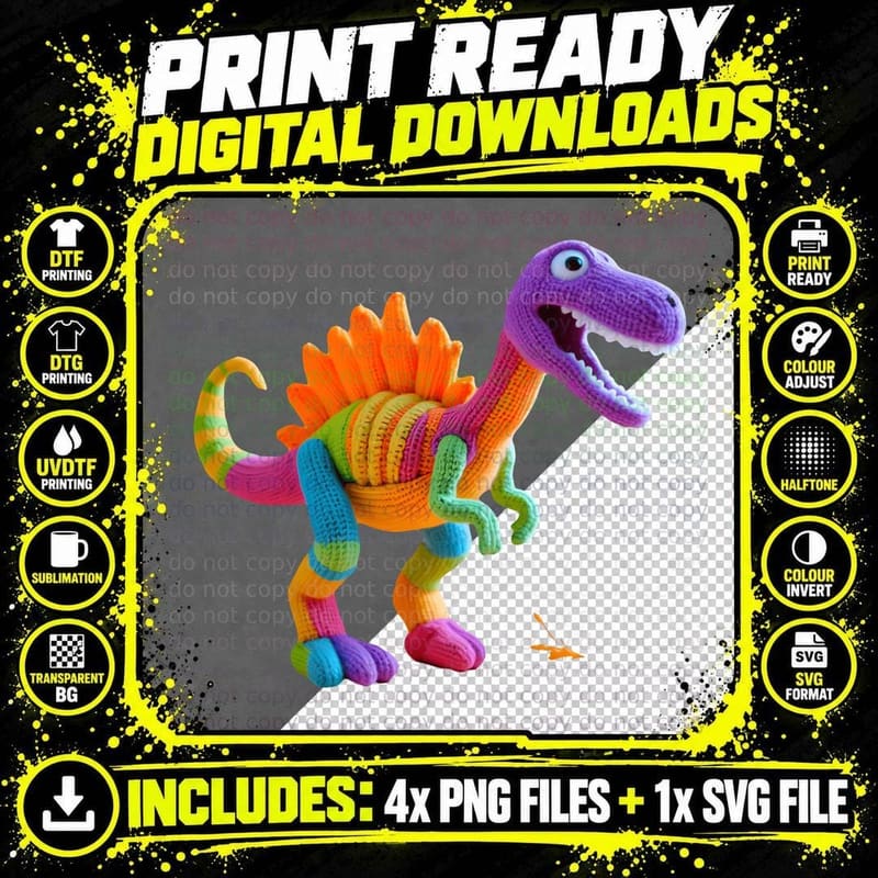 Crocheted Multicolored Dinosaur Toy Roaring Colorful Png SVG Digital Bundle