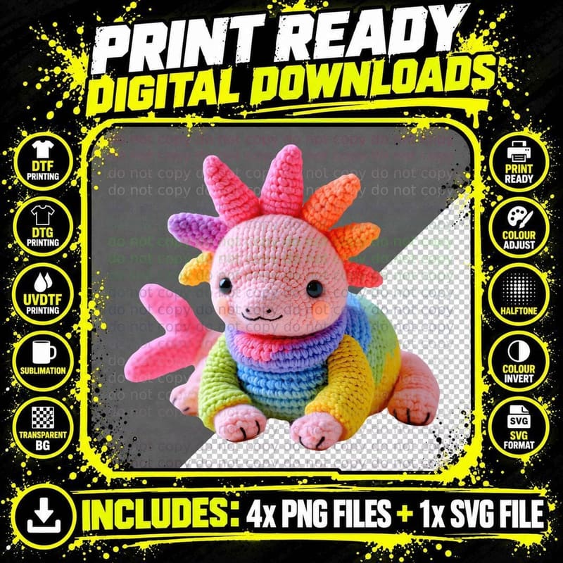 Crocheted Rainbow Axolotl Colorful Knitted Plushie Png SVG Digital Bundle