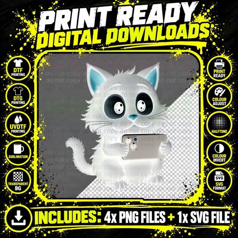 Cute Black, Happy Cat Holding Phone, Kids, Fun T-Shirt Png SVG Digital Bundle