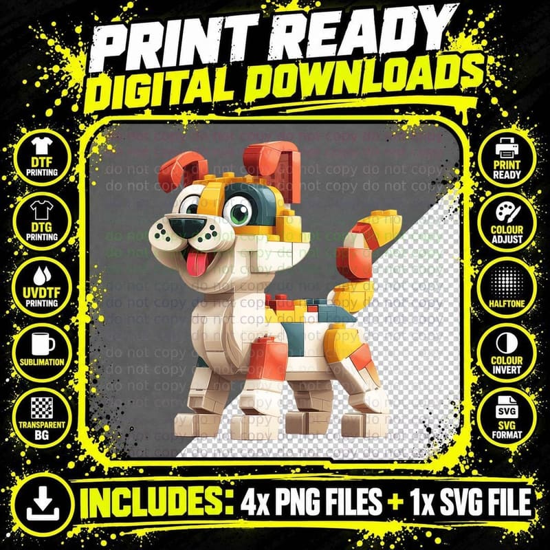 Cute Block Style Dog Building Blocks Puppy Lovers Retro Png SVG Digital Bundle
