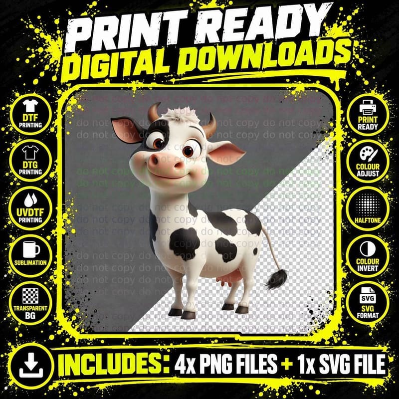Cute Cartoon Cow Smiling Farm Animal 3D Illustration Png SVG Digital Bundle