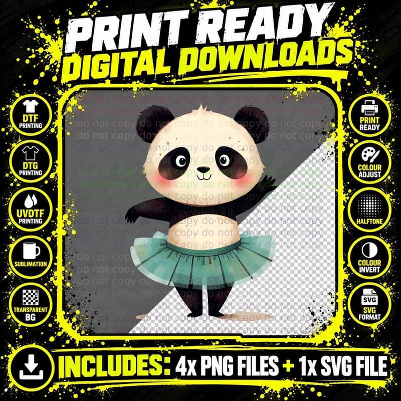 Cute Cartoon Panda Ballet Dancer Teal Tutu Whimsical Png SVG Digital Bundle