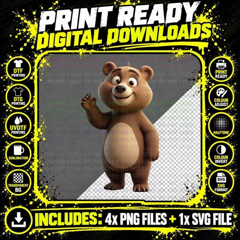 Cute Cartoon Waving Bear Cheerful Animal Lover 3D T-Shirt Png SVG Digital Bundle