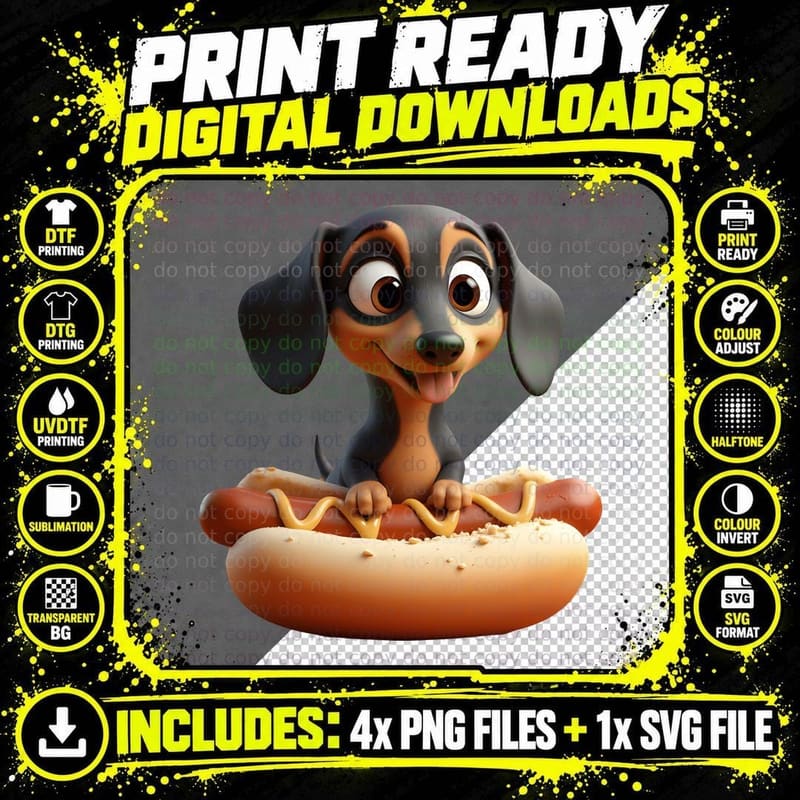 Cute Dachshund Hot Dog Funny Cartoon Animal Wiener Dog Png SVG Digital Bundle
