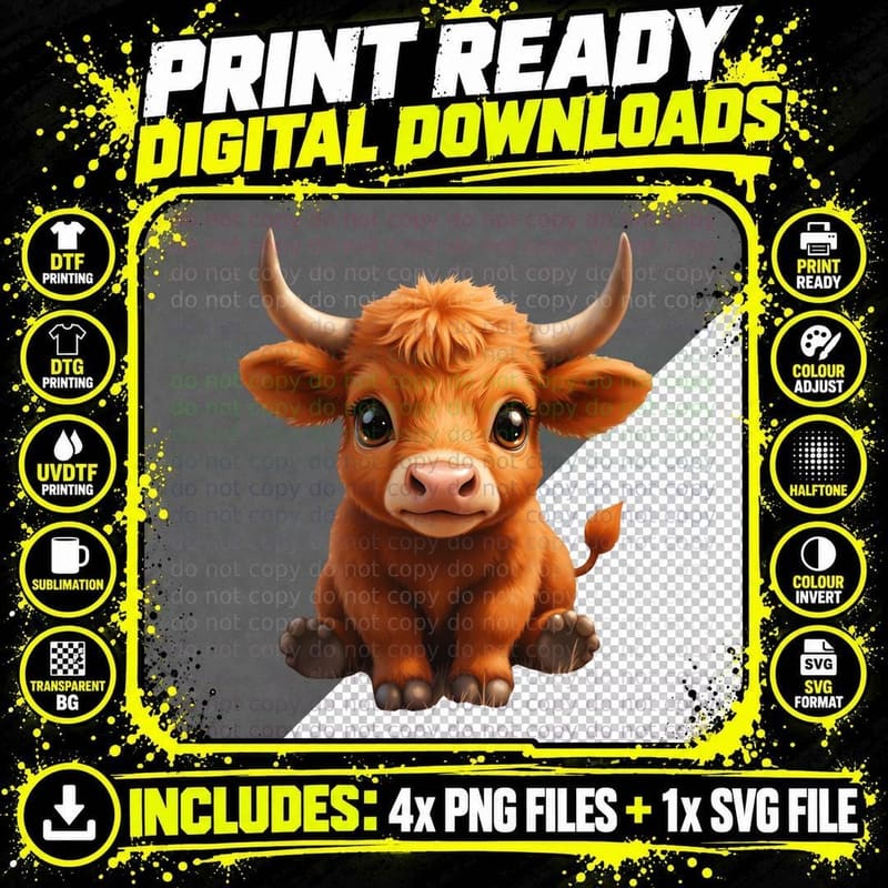 Cute Fluffy Highland Cow Calf with Big Dark Eyes Graphic Png SVG Digital Bundle