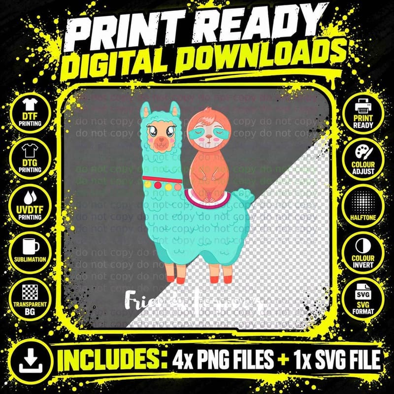 Cute Fluffy Llama or Alpaca & Sloth T-Shirt Png SVG Digital Bundle