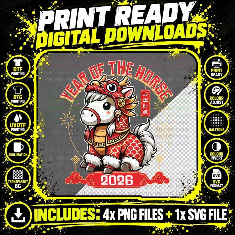 Cute Happy Chinese Lunar New Year of the Horse 2026 Png SVG Digital Bundle
