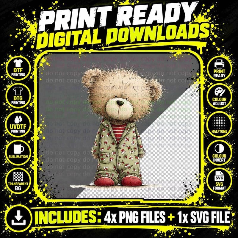 Cute Pajama Bear Red and Green Sleepy Time Cartoon Png SVG Digital Bundle