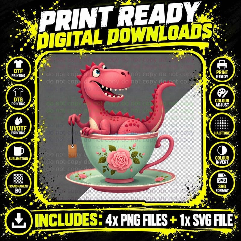 Cute Pink Tea-Rex T-Rex Dinosaur Teacup T-Shirt Png SVG Digital Bundle