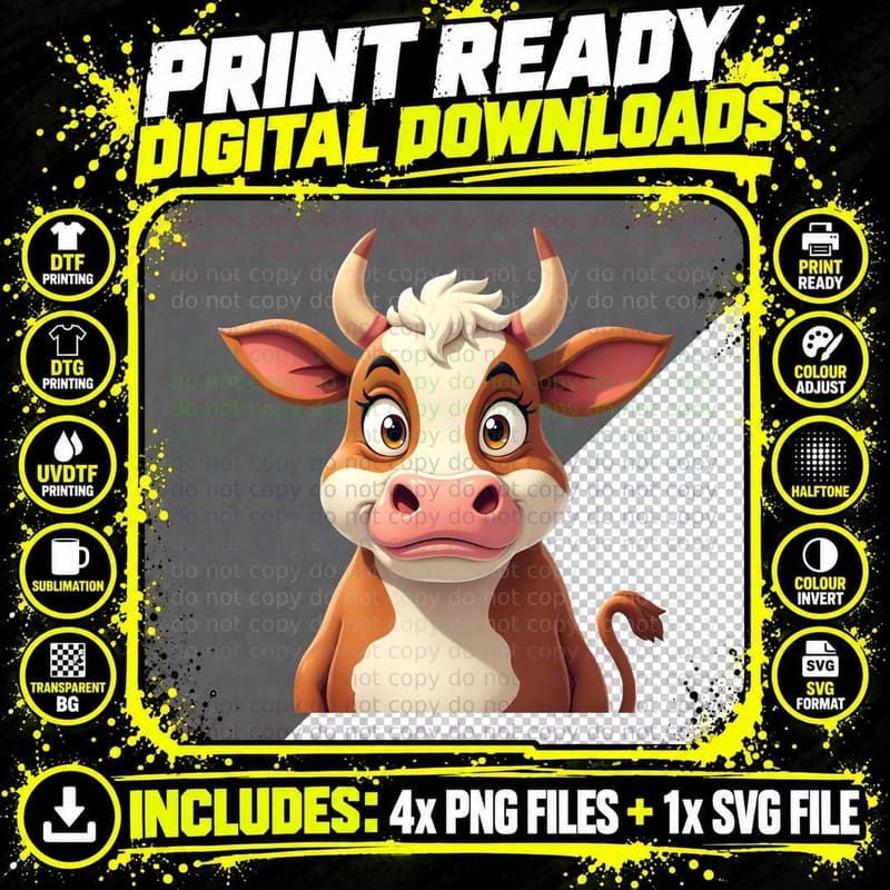 Cute Shocked Cow with Big Brown Eyes Funny Animal Farm Png SVG Digital Bundle