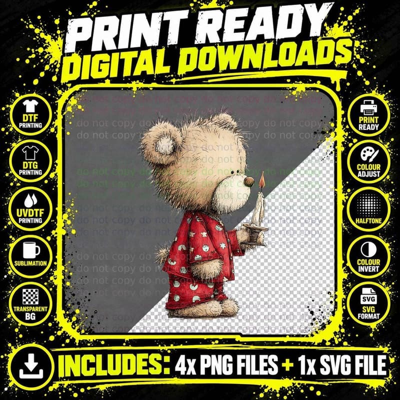 Cute Teddy Bear in Red Pajamas Holding Candle Cozy Png SVG Digital Bundle