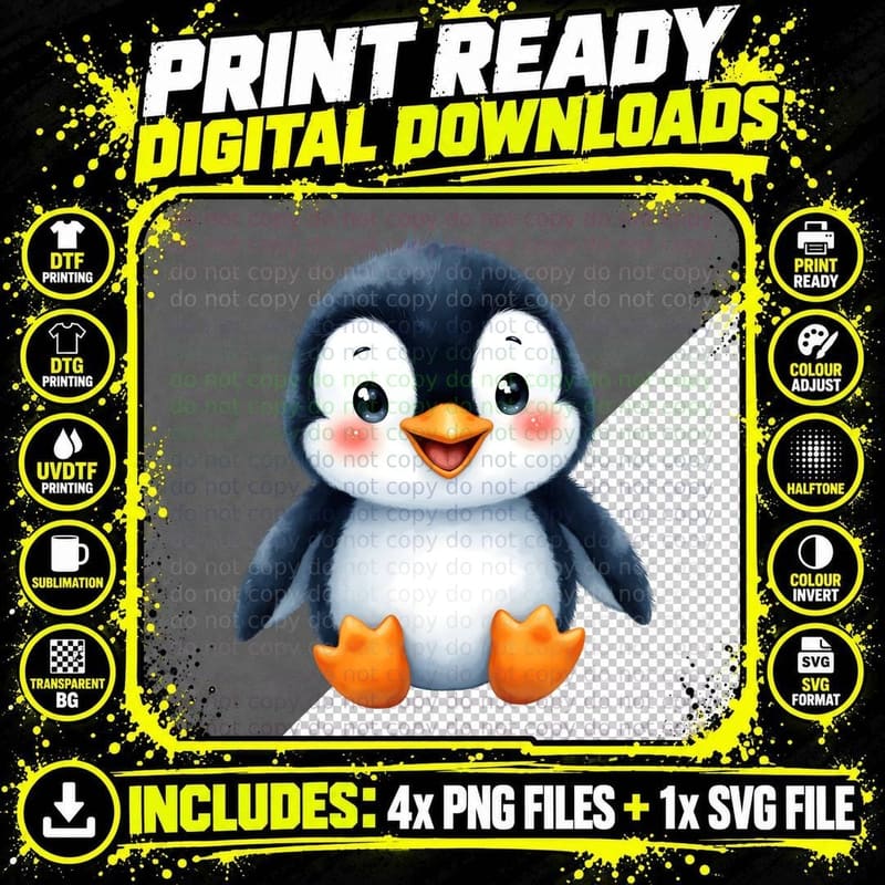 Cute Watercolor Penguin Rosy Cheeks Fluffy Bird T-Shirt Png SVG Digital Bundle