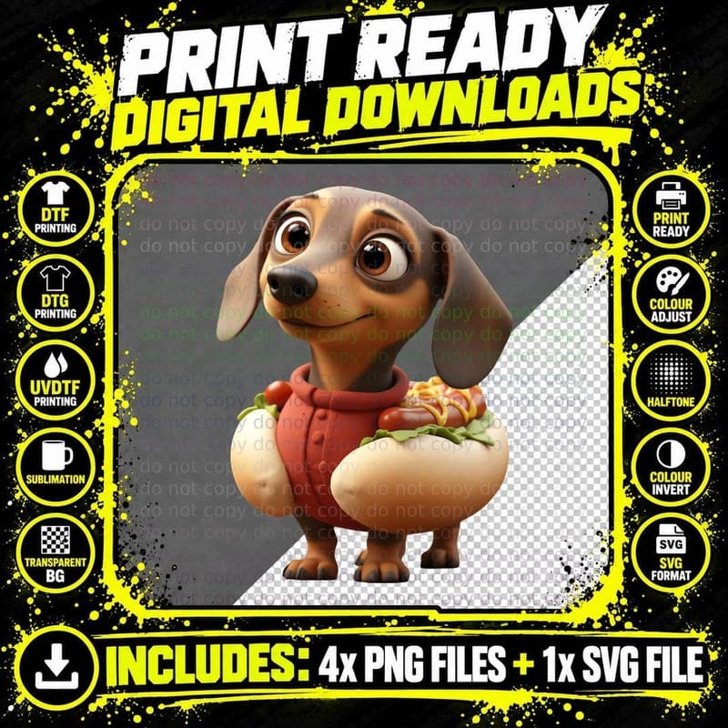 Cute Wiener Dog Hot Dog in Sweater Funny Dachshund Lover Png SVG Digital Bundle