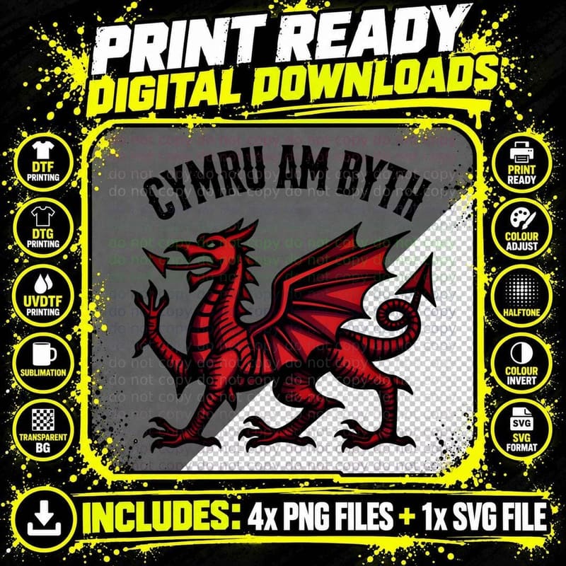 Cymru Am Byth Celtic Ancestry Vintage Dragon Tee Png SVG Digital Bundle