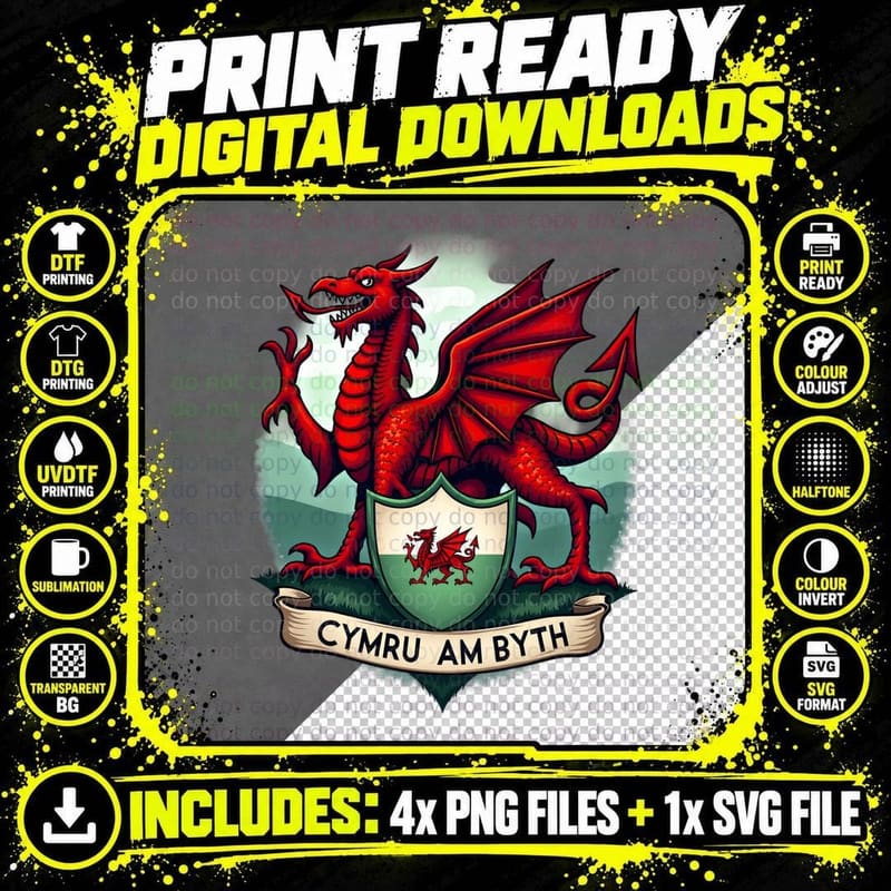 Cymru Am Byth Tee, Welsh Red Dragon Heritage Gift T-Shirt Png SVG Digital Bundle