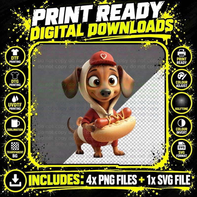 Dachshund Hot Dog Funny Cartoon Animal Wiener Dog Lovers Png SVG Digital Bundle