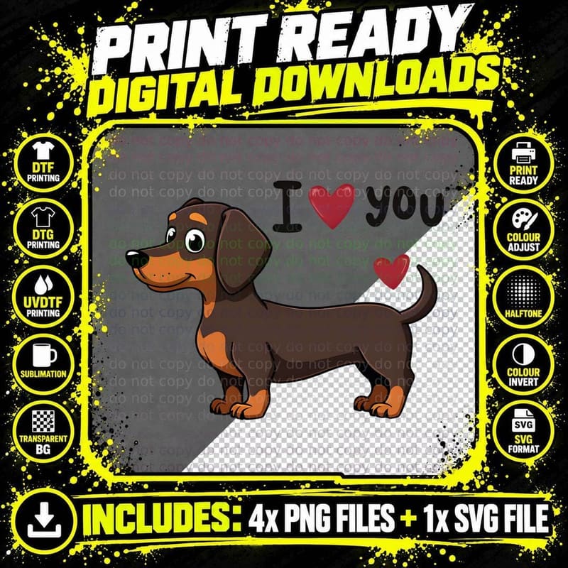 Dachshund I Love You Heart Shape Wiener Dog Funny Png SVG Digital Bundle
