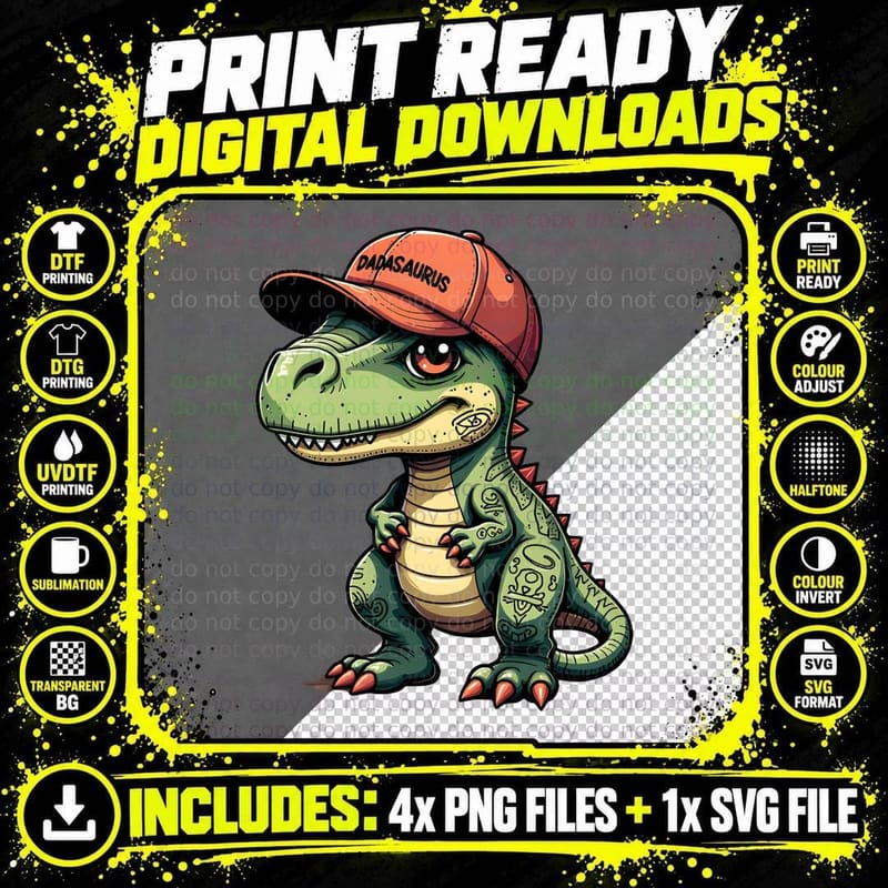 Dadasaurus Cartoon Dinosaur with Tattoos Funny Dad Png SVG Digital Bundle