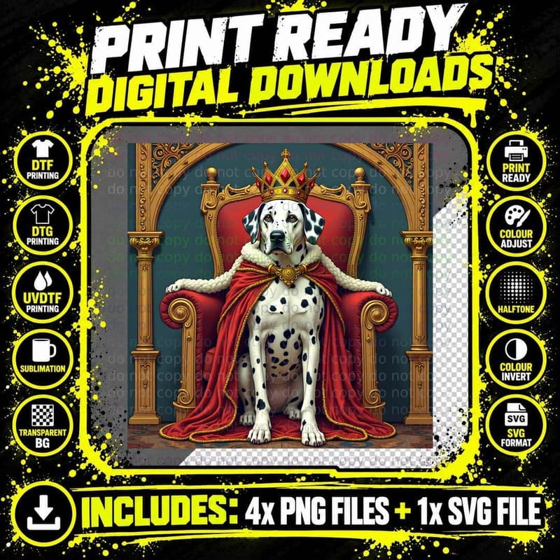 Dalmatian King on a Dog Bed Throne T-Shirt Png SVG Digital Bundle